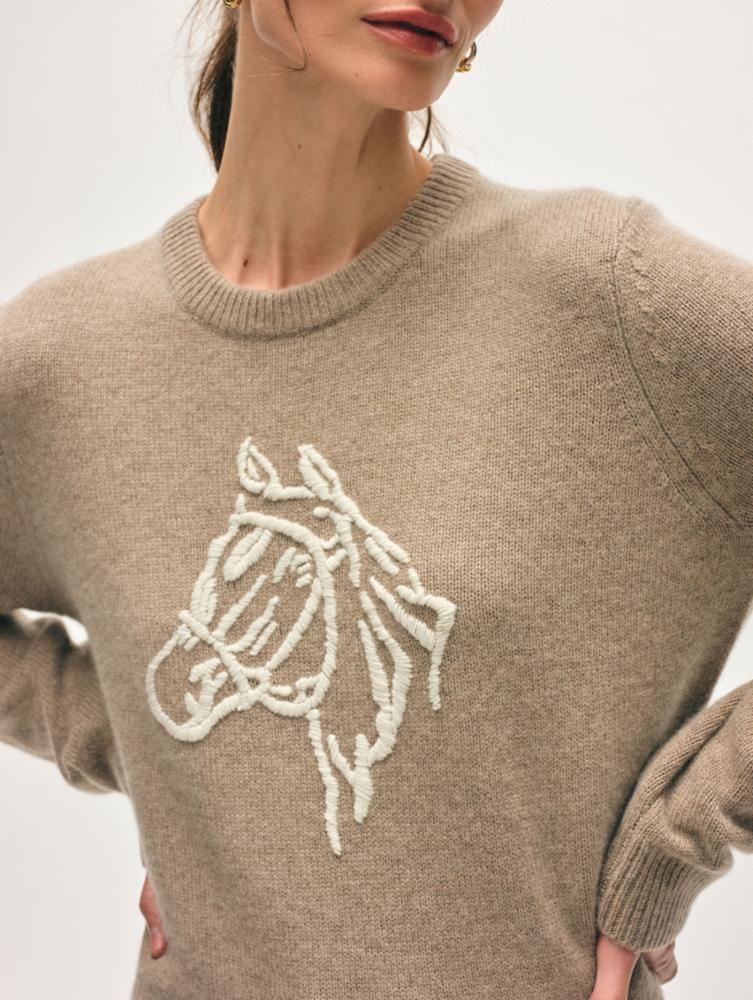 White + Warren Cashmere Horse Embroidered Sweater in Misty Brown