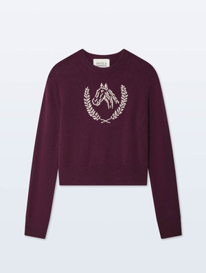 White + Warren Cashmere Blend Horse Embroidered Crewneck Sweater in Oxblood/Ivory