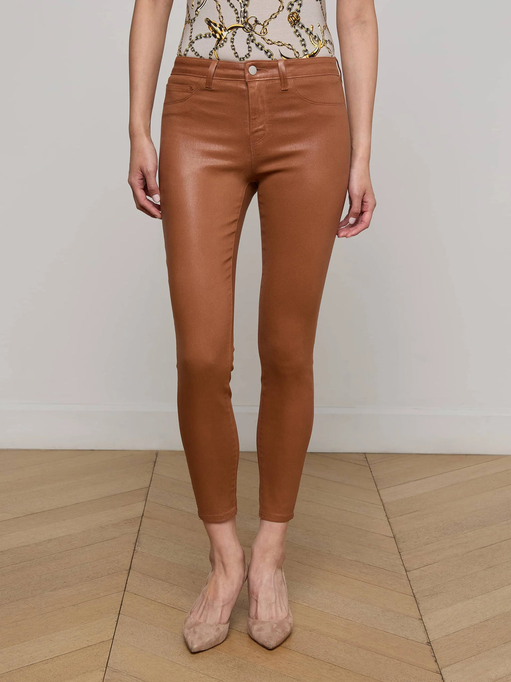 L'Agence Margot High Rise Coated Skinny in Cognac