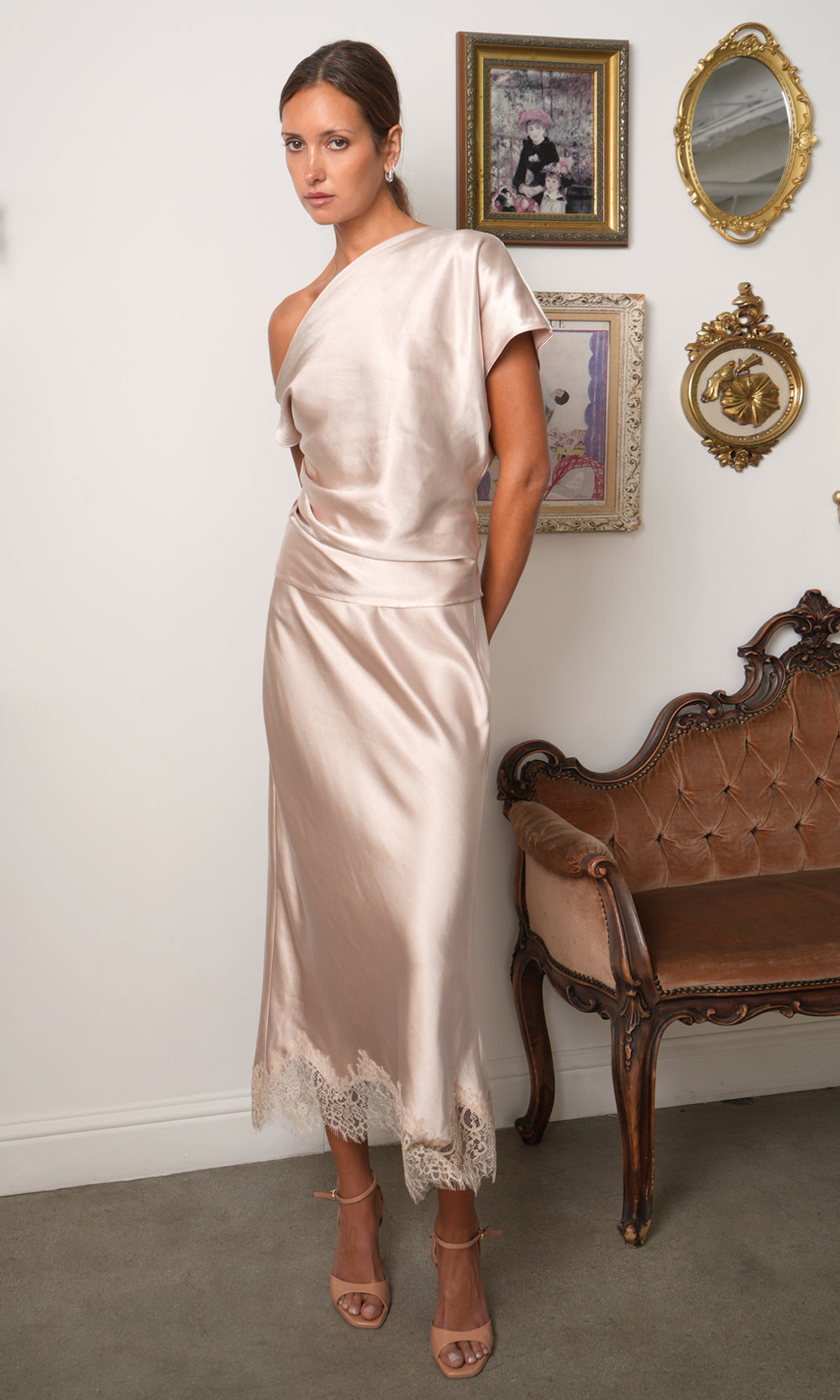 Nellie Asymmetric Satin Draped Off Shoulder Top