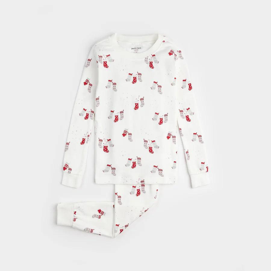 Petit Lem Pajama Set in Stockings Print on Off-White