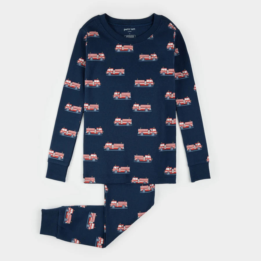 Petit Lem Pajama Set in Navy Firetrucks