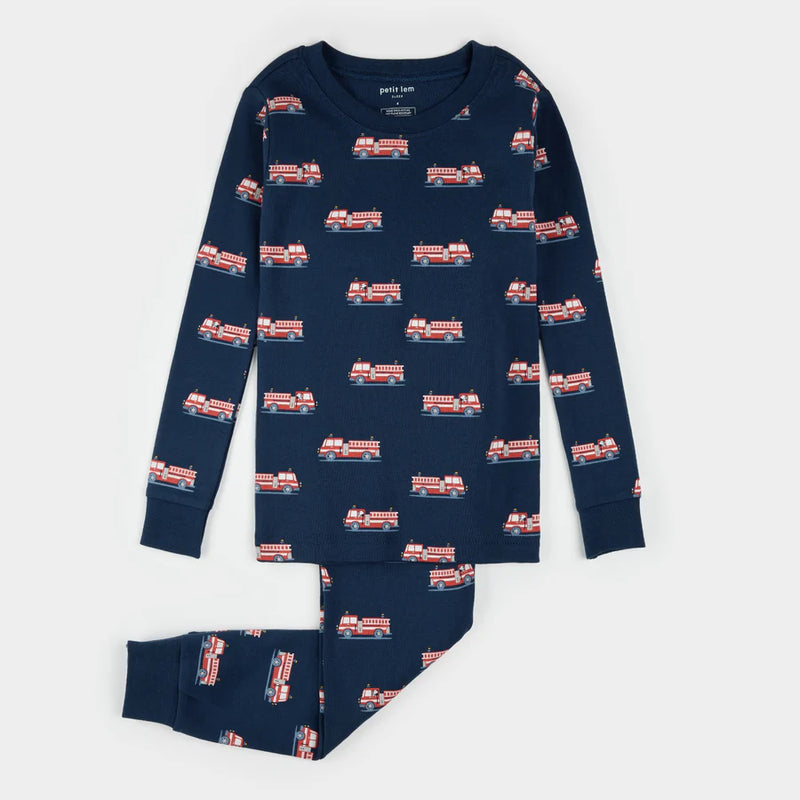 Petit Lem Pajama Set in Navy Firetrucks