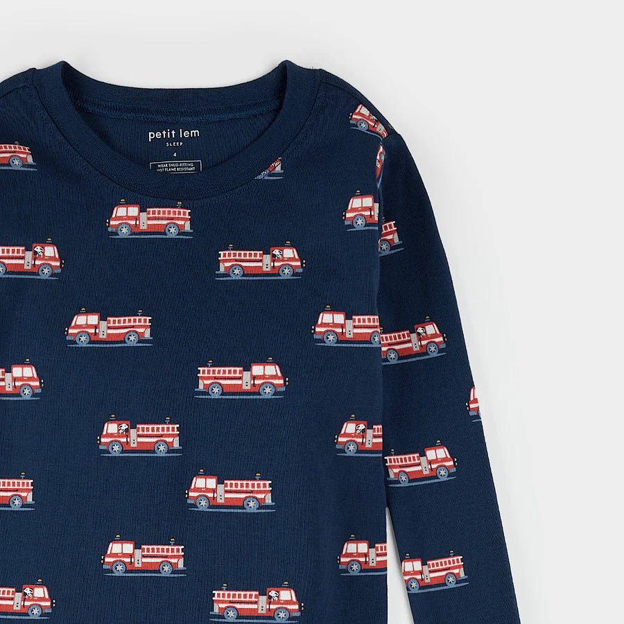 Petit Lem Pajama Set in Navy Firetrucks