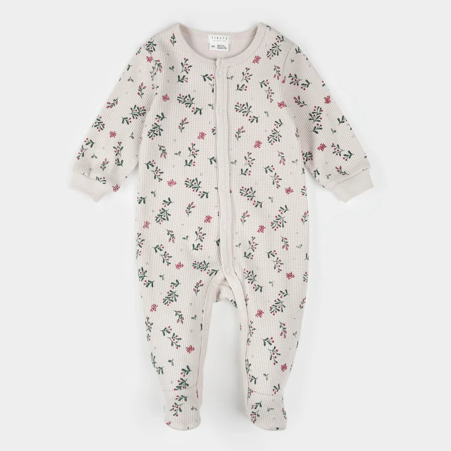 Petit Lem Footie in Beige Winterberry Holly