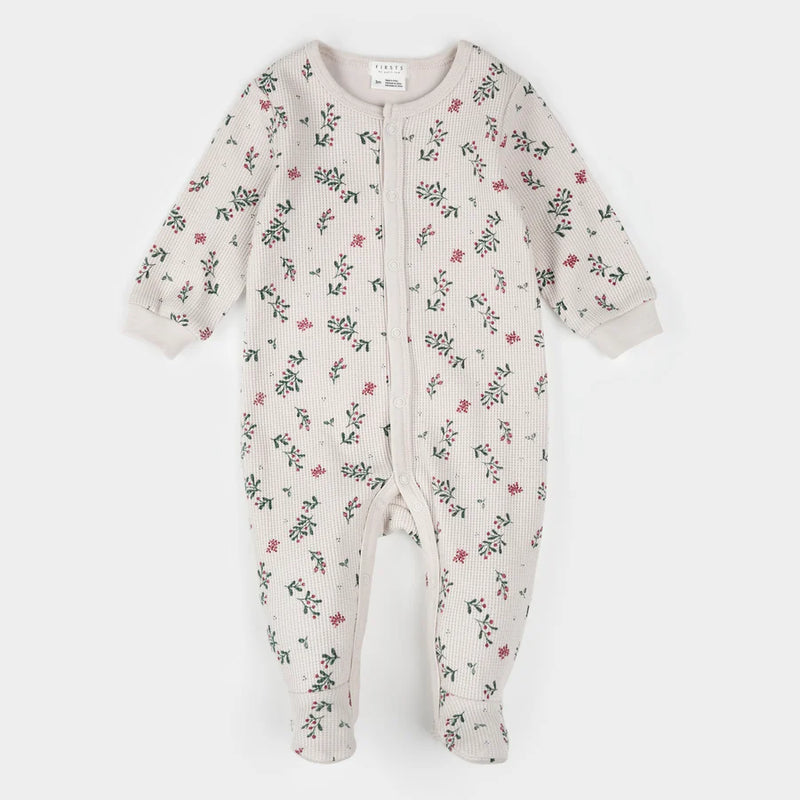 Petit Lem Footie in Beige Winterberry Holly
