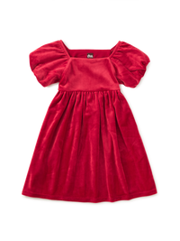 Tea Collection Puff Shoulder Velour Dress in Red Wagon