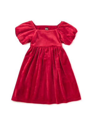 Tea Collection Puff Shoulder Velour Dress in Red Wagon