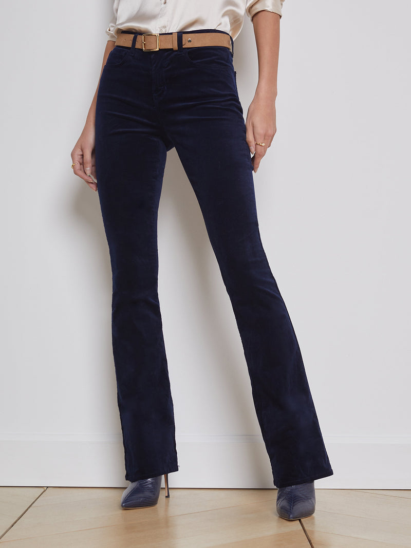 L'Agence Stevie Flare Velvet Pant in Dark Navy