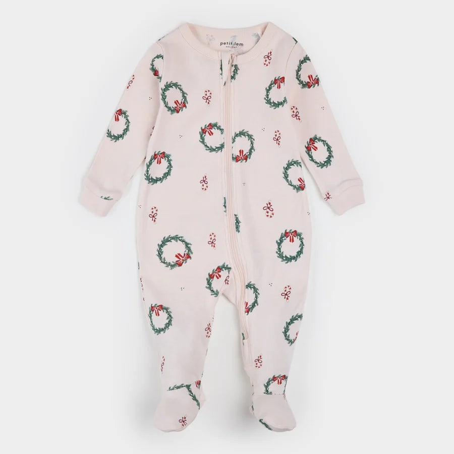 Petit Lem Footie in Deck the Halls Pink