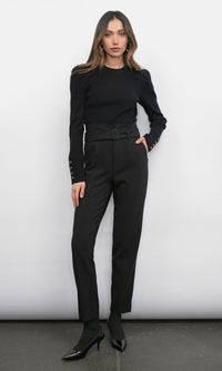 Greylin Dani Button Puff Sleeve Ribbed Knit Top in Black