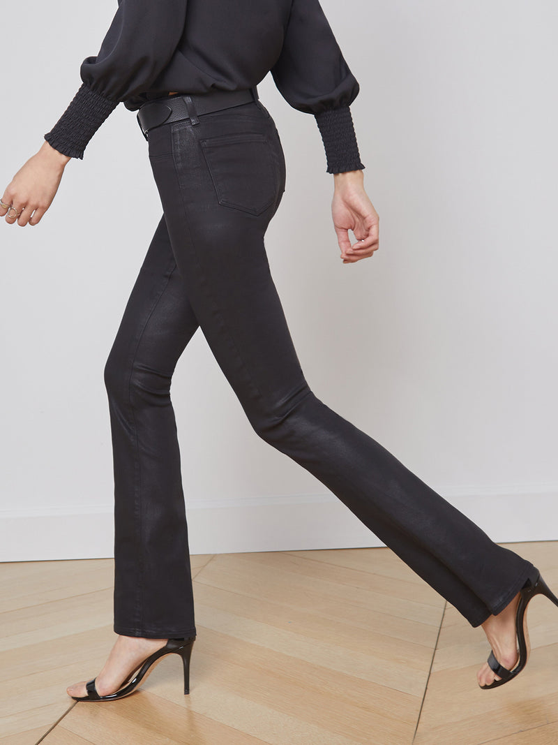 L'Agence Selma Coated Bootcut Jean in Noir Coated