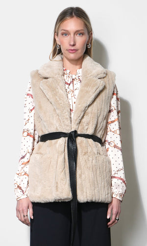 Greylin Cosette Faux Fur Vest With Tie Belt in Oyster