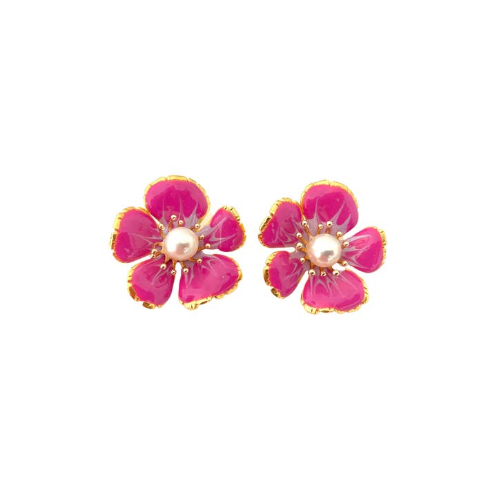 The Pink Reef Hand Painted Small Floral Stud in Magenta Pearl
