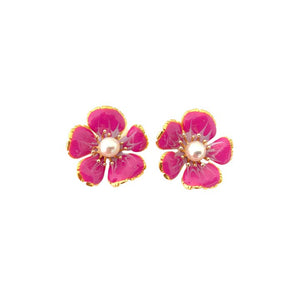 The Pink Reef Hand Painted Small Floral Stud in Magenta Pearl