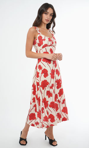 Greylin Madi Linen Sweetheart Neck Midi Dress in Cream/Red