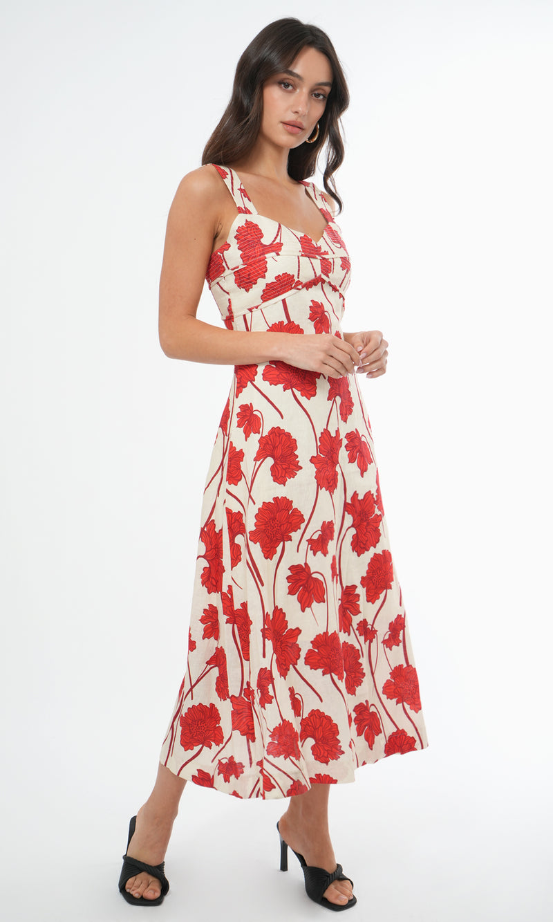 Greylin Madi Linen Sweetheart Neck Midi Dress in Cream/Red