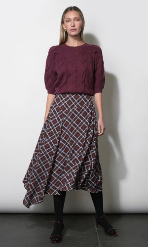 Greylin Hallie Cable Knit Puff Sleeve Sweater Top in Aubergine
