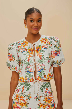 Farm Rio Premium Linen Blouse in Off-White Delicate Forest