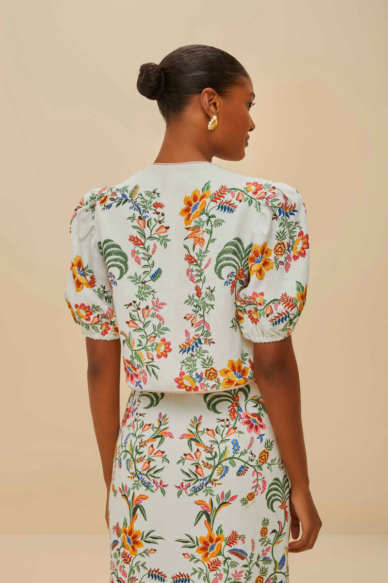 Farm Rio Premium Linen Blouse in Off-White Delicate Forest
