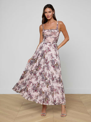 L'Agence Torin Pleated Maxi Skirt in Nocturnal Pink Butterfly Jungle