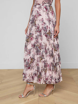 L'Agence Torin Pleated Maxi Skirt in Nocturnal Pink Butterfly Jungle