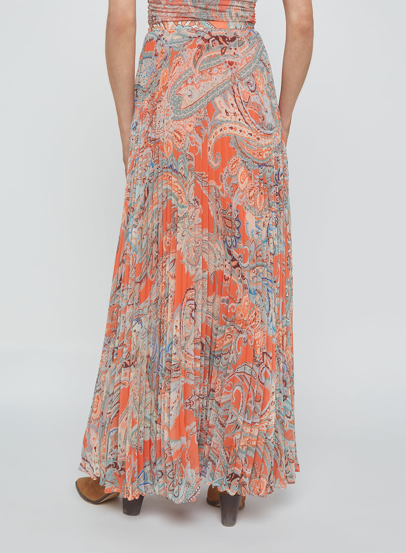 L'Agence Torin Pleated Maxi Skirt in Orange/Blue Paisley
