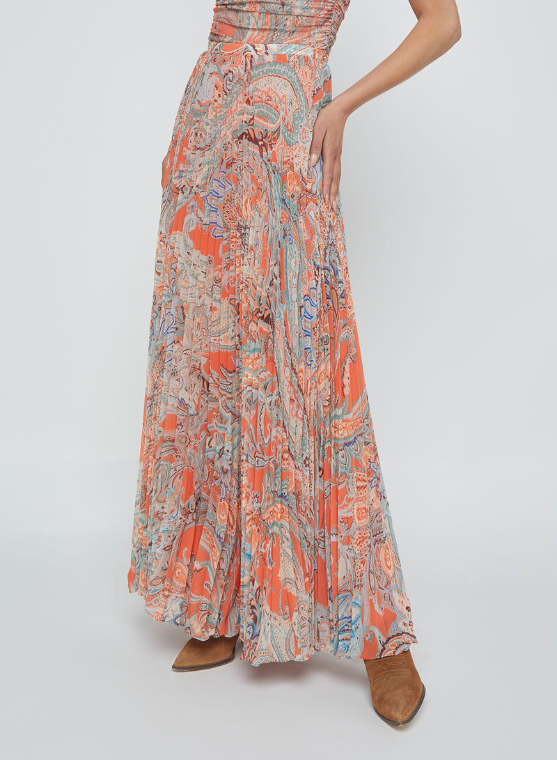 L'Agence Torin Pleated Maxi Skirt in Orange/Blue Paisley