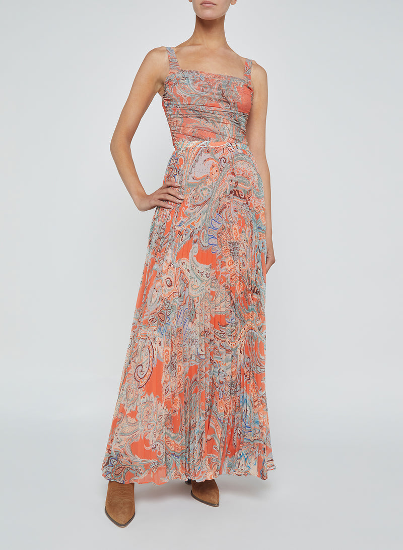 L'Agence Torin Pleated Maxi Skirt in Orange/Blue Paisley