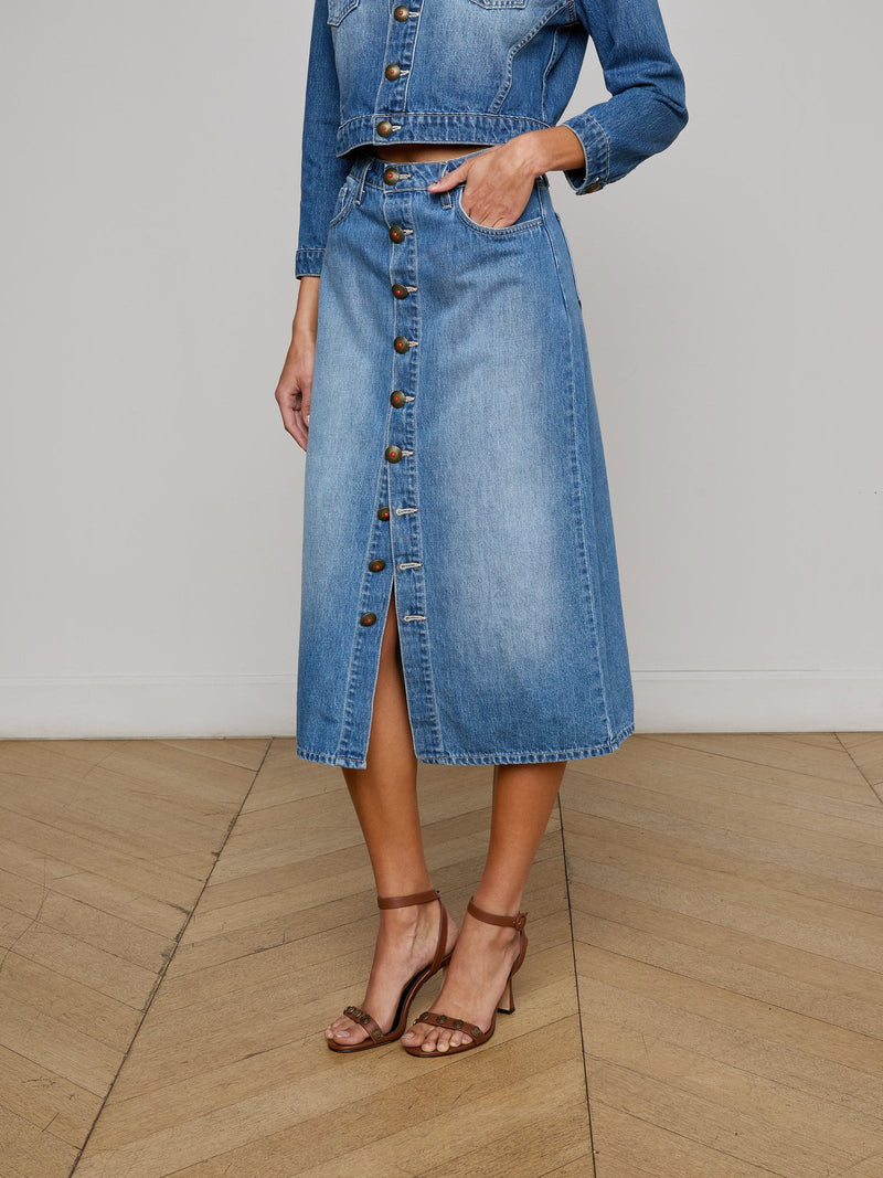 L'Agence Kathleen Button Front Denim Skirt in Bandera