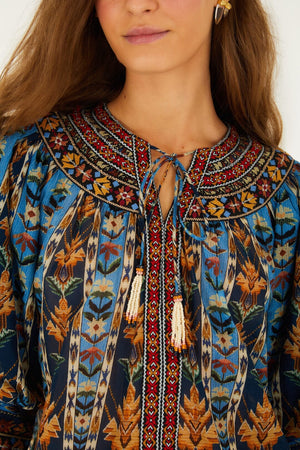 Farm Rio Embroidered Tapestry Tassels Puff Sleeve Blouse in Blue