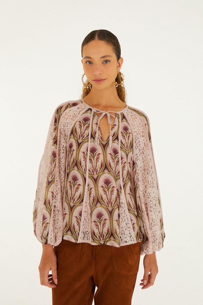 BIRDS TREE GARDEN MEDAL MIX LONG SLEEVE BLOUSE