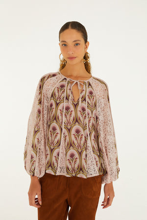 BIRDS TREE GARDEN MEDAL MIX LONG SLEEVE BLOUSE