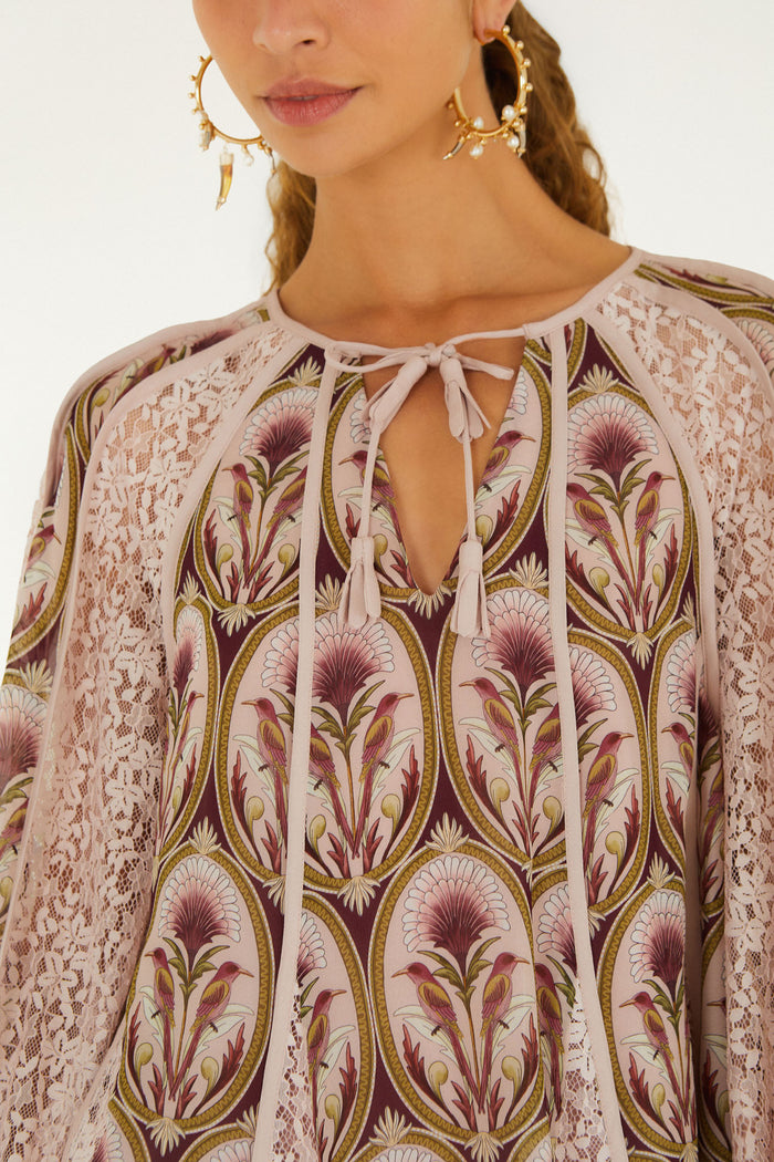 BIRDS TREE GARDEN MEDAL MIX LONG SLEEVE BLOUSE