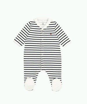 Petit Bateau Front Snap Striped Sailor Collar Footie in White/Navy