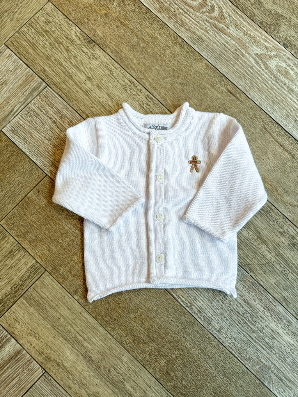 A Soft Idea Gingerbread Boy Baby Cardigan in White