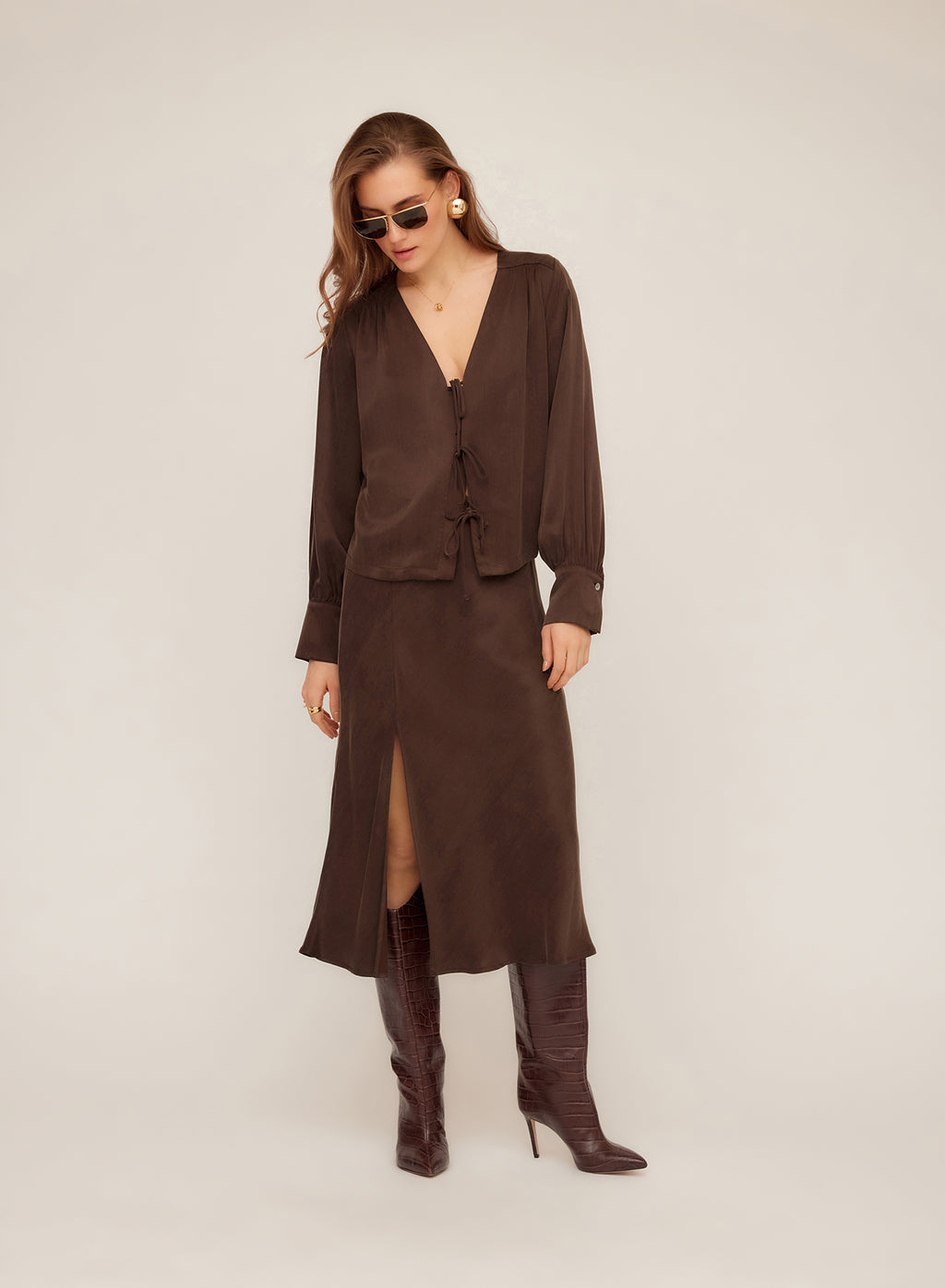 Fifteen Twenty Kayla Bow Detail Blouse in Brown