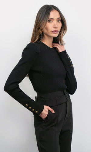Greylin Dani Button Puff Sleeve Ribbed Knit Top in Black