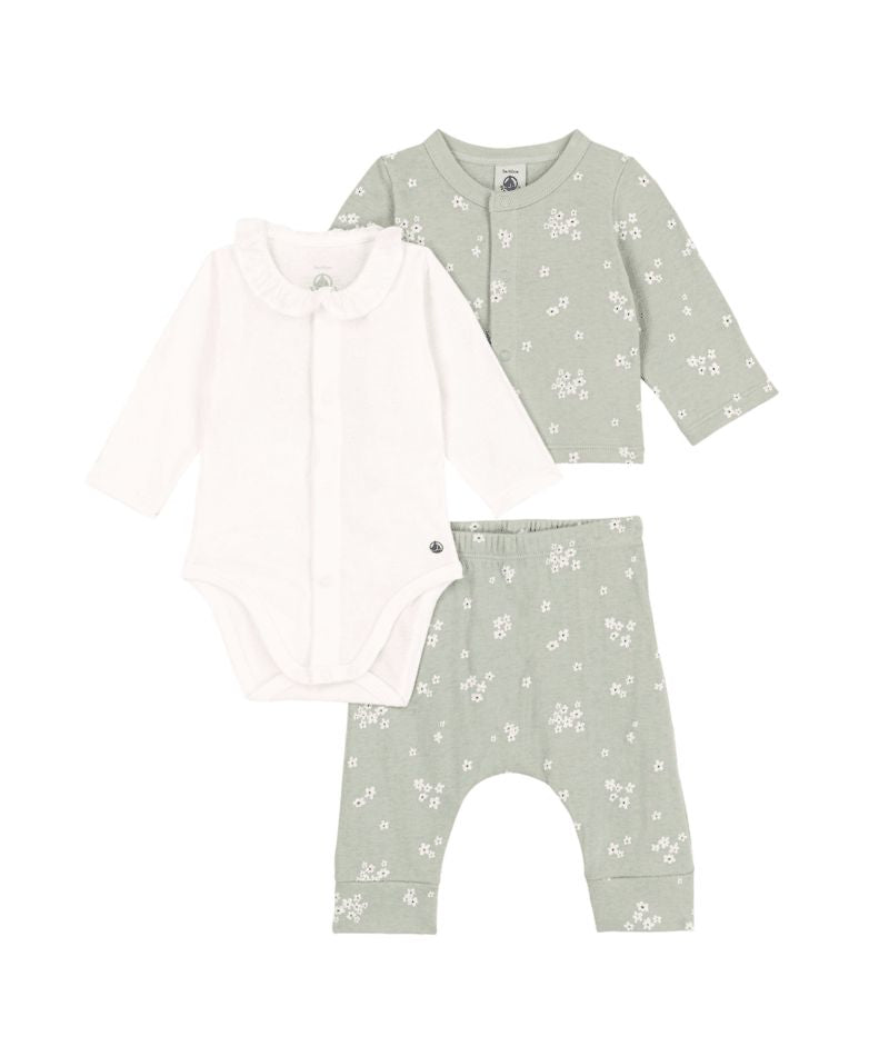 Petit Bateau 3 Piece Floral Cardigan and Pant in Mint/White