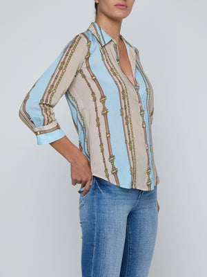 L'Agence Camille 3/4 Sleeve Top in Taupe/Sage Belt Stripe