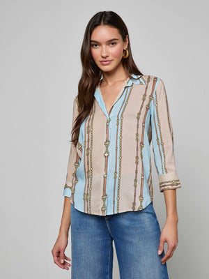 L'Agence Camille 3/4 Sleeve Top in Taupe/Sage Belt Stripe