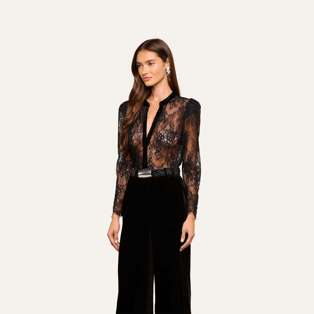 L'Agence Dorothea Velvet Lace Blouse in Black