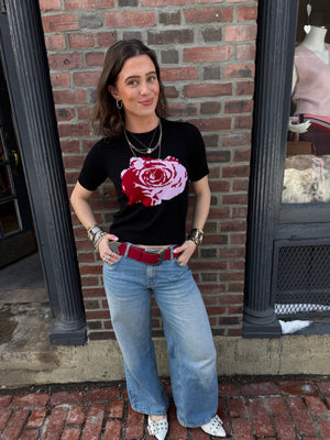 Autumn Cashmere Short Sleeve Rose Cropped Sweater in Black