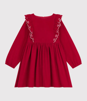 Petit Bateau Girls Corduroy Dress with Ruffle Hearts in Red