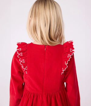 Petit Bateau Girls Corduroy Dress with Ruffle Hearts in Red