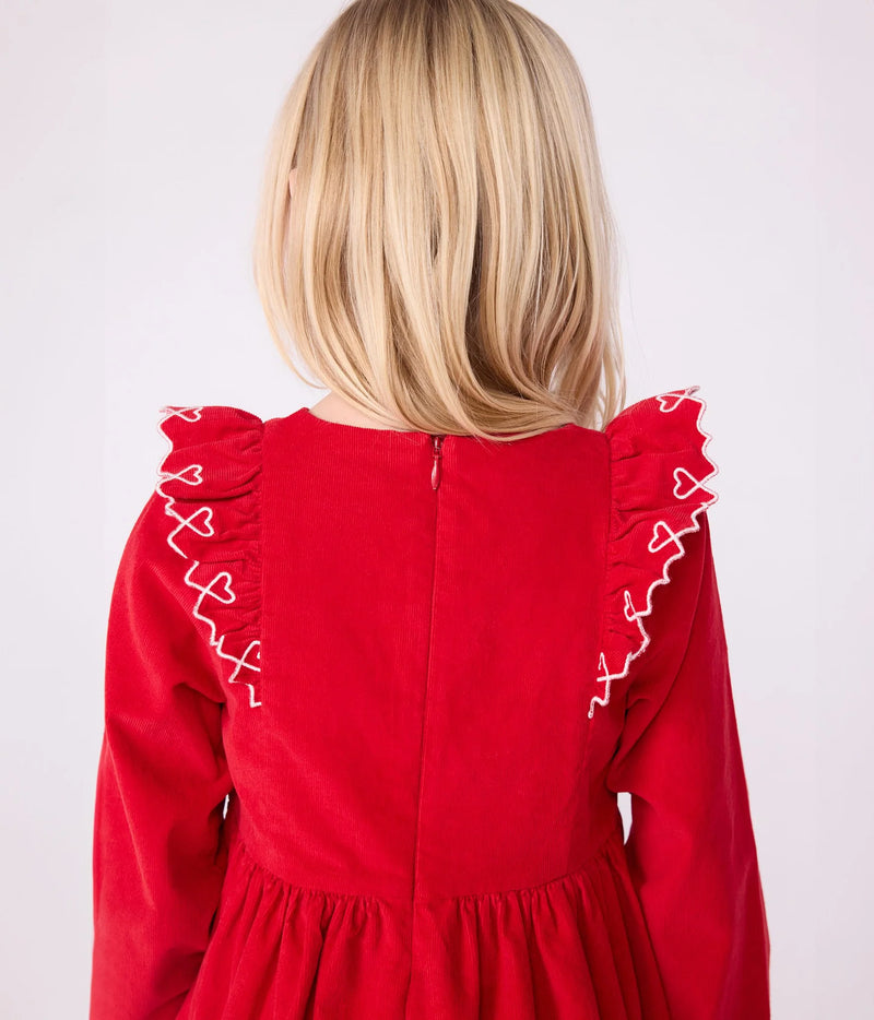 Petit Bateau Girls Corduroy Dress with Ruffle Hearts in Red