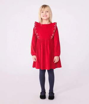 Petit Bateau Girls Corduroy Dress with Ruffle Hearts in Red