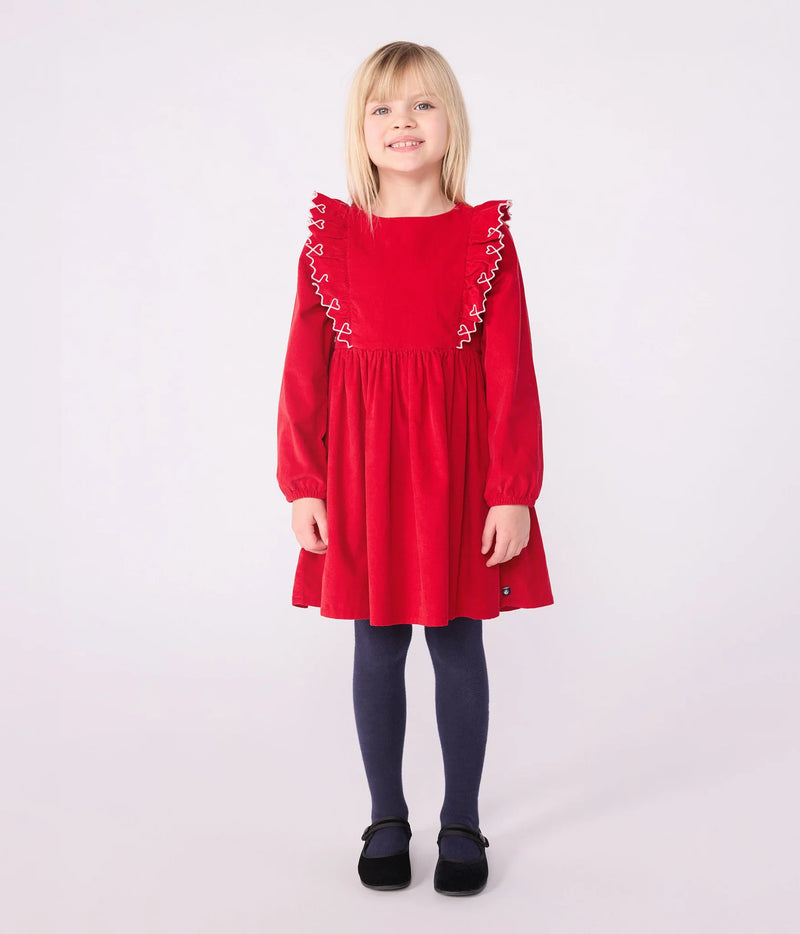 Petit Bateau Girls Corduroy Dress with Ruffle Hearts in Red
