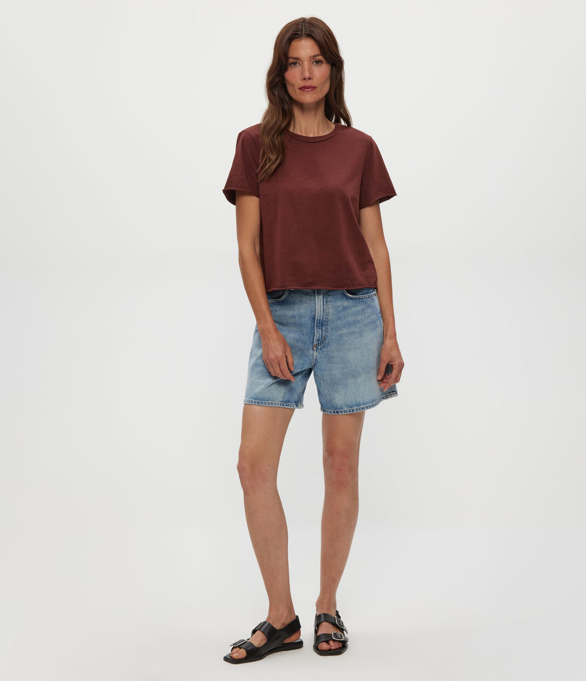 Michael Stars Jackie Raw Edge Crew Tee in Espresso