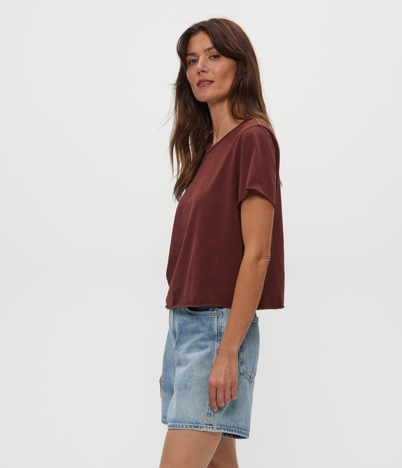 Michael Stars Jackie Raw Edge Crew Tee in Espresso